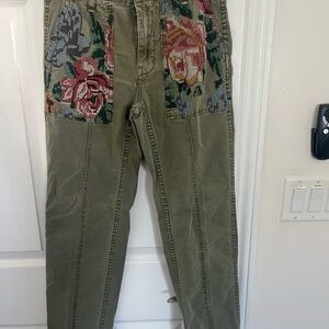 Anthropologie Khaki Floral Patch Pants